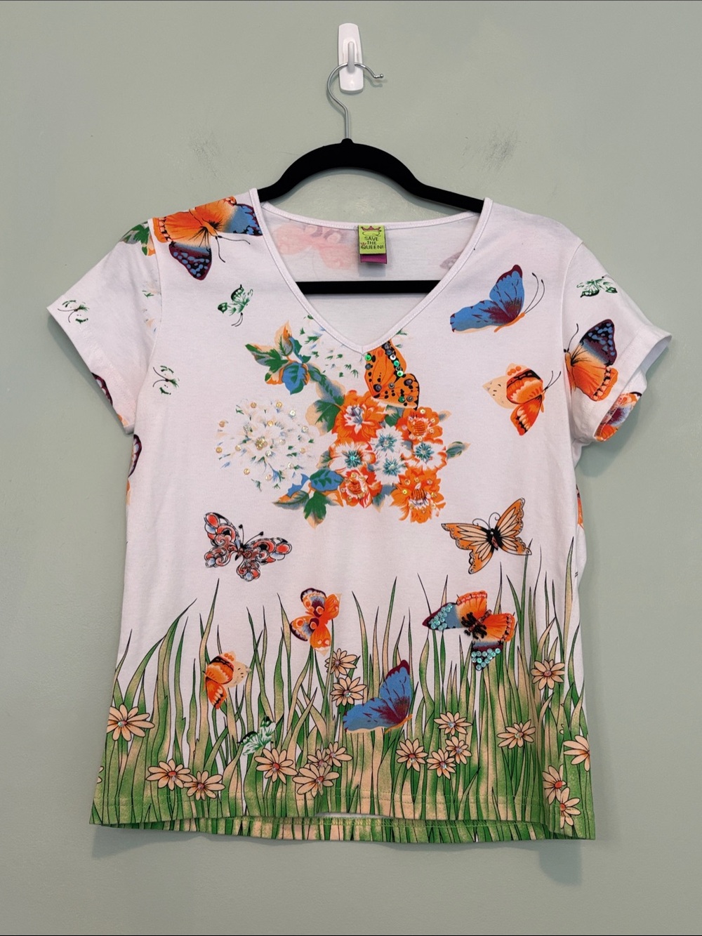 Save The Queen Vintage Y2K Fairycore Beaded Butterfly T-Shirt (Size L)
